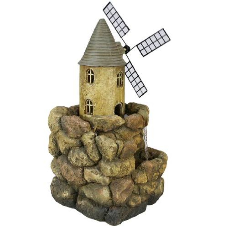 17.7in 3-Tiered Resin Rock&Castle Lighthouse Windmill Tabletop Water Fountain w/ 3 LED Lights