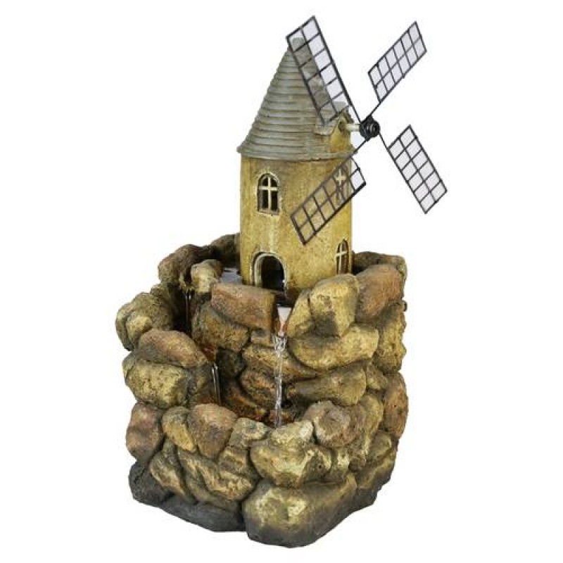 17.7in 3-Tiered Resin Rock&Castle Lighthouse Windmill Tabletop Water Fountain w/ 3 LED Lights