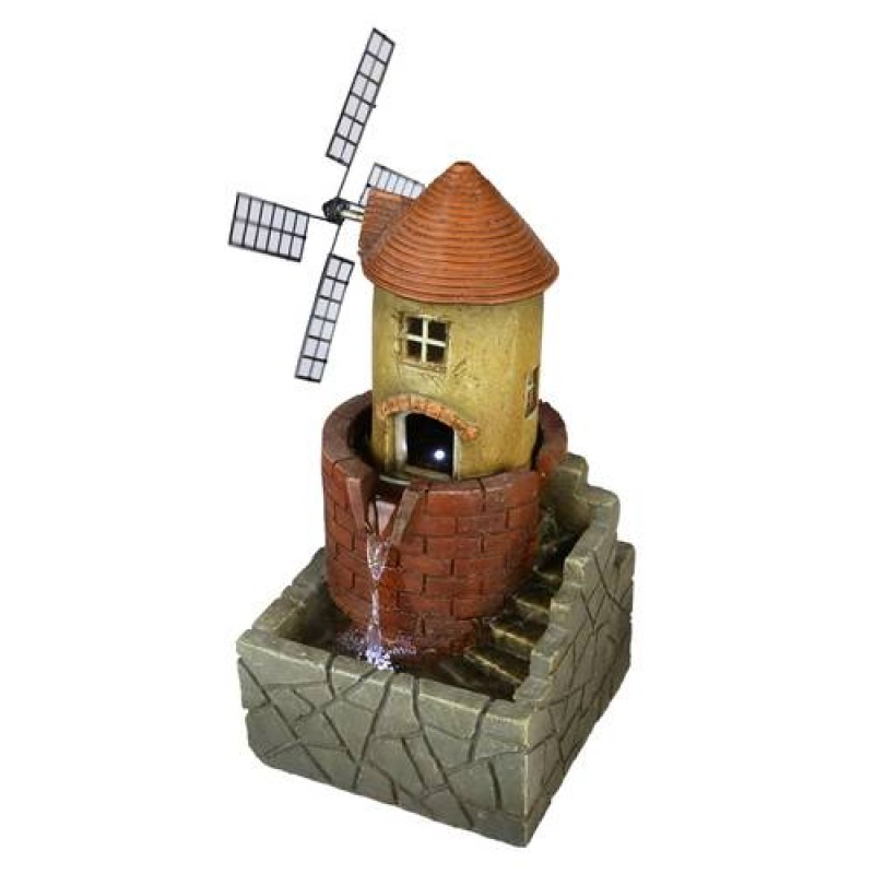 17.7”H Red Brick Lighthouse Windmill Tabletop Water Fountain w/ LED Lights