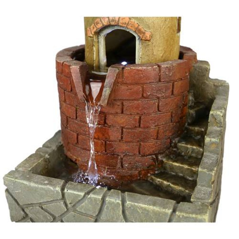 17.7”H Red Brick Lighthouse Windmill Tabletop Water Fountain w/ LED Lights