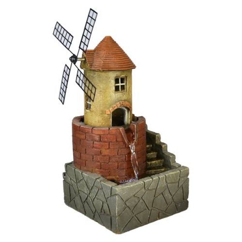 17.7”H Red Brick Lighthouse Windmill Tabletop Water Fountain w/ LED Lights