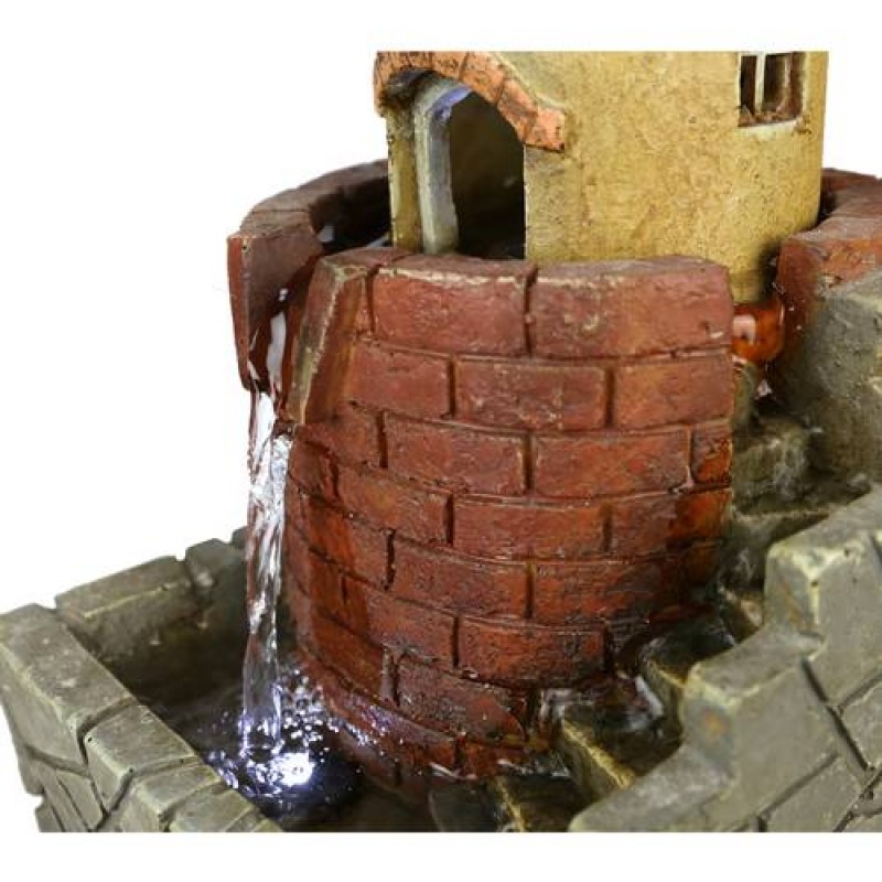 17.7”H Red Brick Lighthouse Windmill Tabletop Water Fountain w/ LED Lights