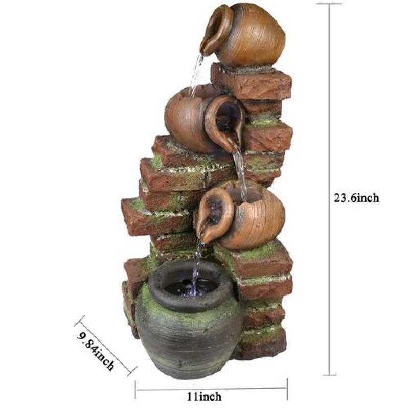 23.6” H 4 Jars Garden Water Fountain, Resin Waterfall Fountain for Patio with LED Light and Submersible Pump